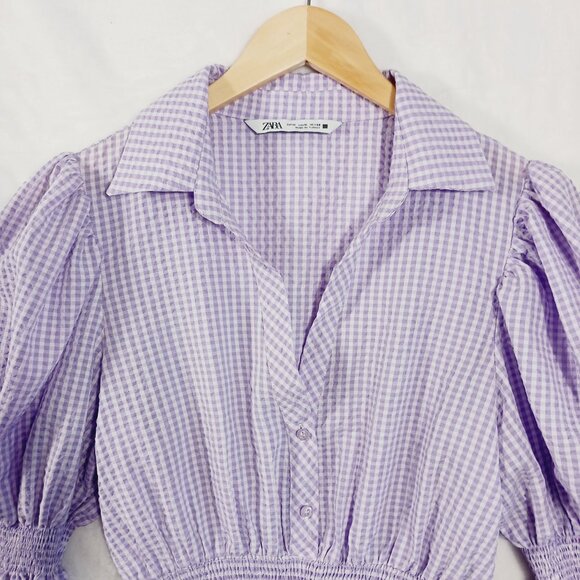 Zara, Lavender & White Gingham Check Crop Top, Long Sleeve, Renaissance, Peasant - Picture 4 of 14